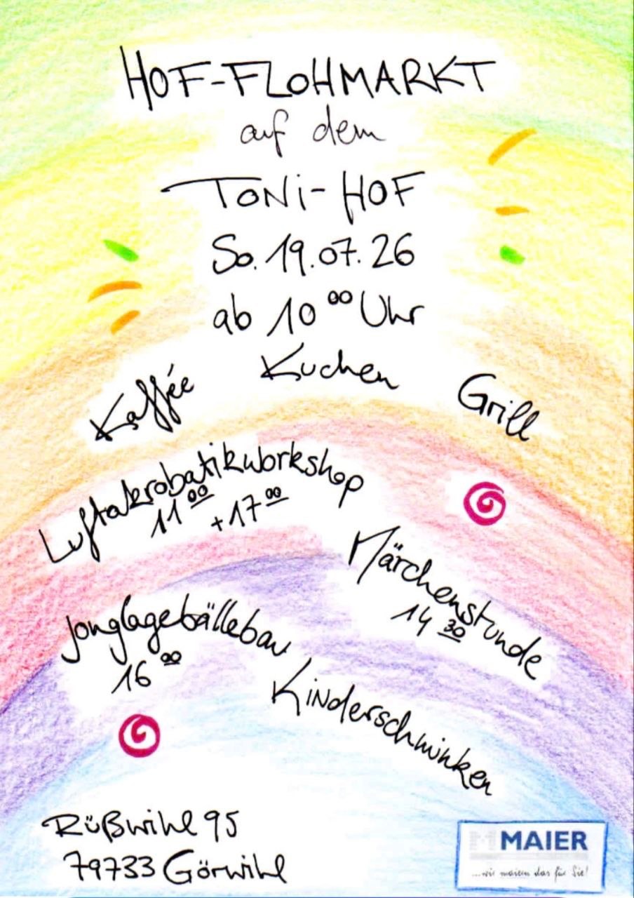 Ankündigung: Hof-Flohmarkt auf dem Toni-Hof am 19. Juli 2026 mit Kaffee, Kuchen, Grill, Luftakrobatikworkshop, Märchenstunde, Jonglagebälle-Bau und Kinderschminken.